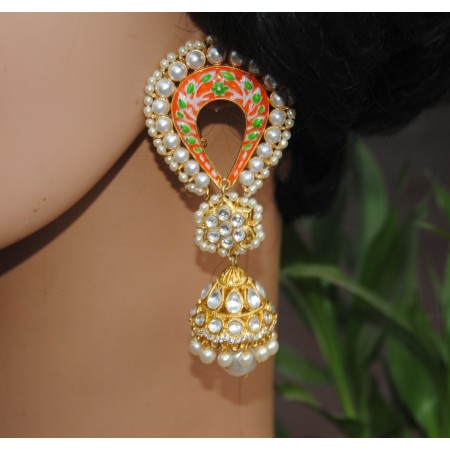 Paan Floral White Pink Enamel Pearl Diamond Jhumka Earrings